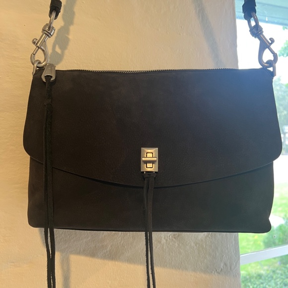 NWT $328 REBECCA MINKOFF Washed Black Suede Leather Darren Top Zip Shoulder Bag - Picture 10 of 14